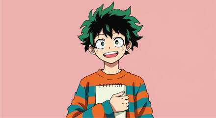 Happy boy in orange sweater, against pink background, for social media posts