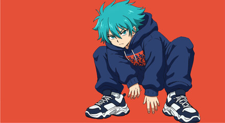 Anime boy crouching, in blue hoodie, against red background, for social media posts