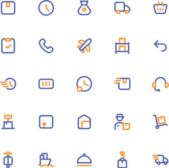 Contains blue and orange icons of delivery services. Suitable for websites, apps, and social media posts related to shipping and logistics