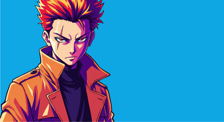 Anime male character portrait, orange jacket, blue background, for graphic design