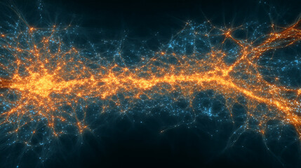 Abstract image of glowing blue and orange network, resembling a neural network or cosmic web, suggesting connection, technology, or complex systems