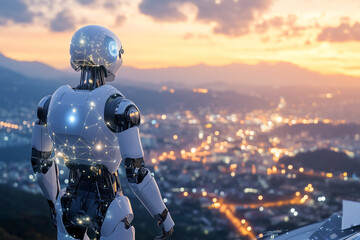 Humanoid robots. Singularity. Future city technologies. A robot looking at the city from above. Humanity and AI. Harmony between humanity and AI, showcasing 
 vision of  future where technology wins
