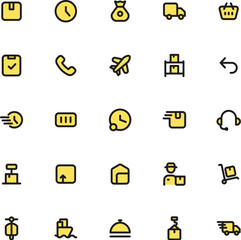 Set of 25 delivery icons suitable for logistics websites, shipping companies, courier services, and ecommerce platforms. Perfect for web design