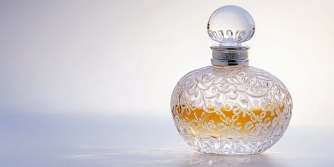 Luxury vintage-style perfume bottle with ornate glass detailing and amber liquid