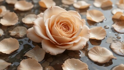A close-up of beige rose petals floating on a pool of water
