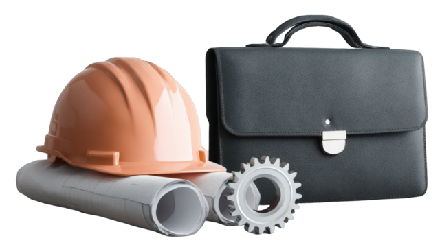 Construction tools and documents arranged on a table, showcasing engineering essentials