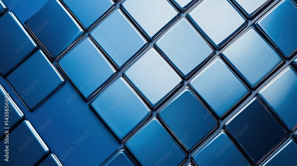 Poster abstract blue geometric pattern of glossy tiles arranged in a diagonal layout, reflecting light
