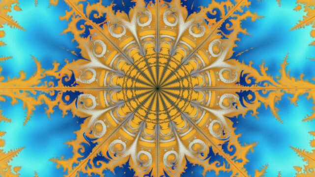 A symmetrical fractal pattern that evolves over time, with colors shifting from cool to warm tones, set against a black background