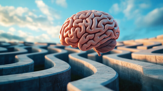 A human brain in the air against a huge labyrinth, symbolizing confusion, difficult choices or finding a way out of a situation
