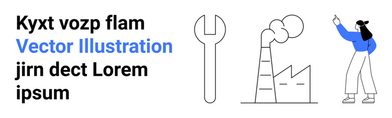 Factory producing smoke, oversized wrench, woman gesturing upward with an idea. Ideal for industry, innovation, environment, factory, engineering, teamwork and simple landing page