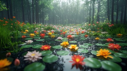 Fototapeta premium Colorful lotus pond in misty forest
