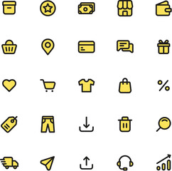 Set of yellow and black shopping icons suitable for website design, eCommerce platforms, online stores, and marketing materials