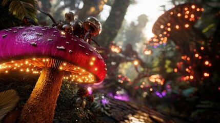 Fototapeta premium Magic mushroom, forest, glowing, tiny creatures