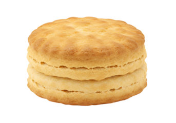 Fresh biscuit on a plain background, baked and golden brown, flaky layers