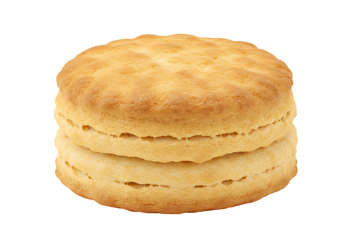 Fresh biscuit on a plain background, baked and golden brown, flaky layers