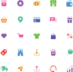 Colorful shopping icons set suitable for ecommerce websites, retail flyers, and social media marketing campaigns. Engaging and versatile visuals