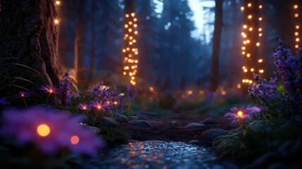 Enchanting forest path at night with fairy lights and wildflowers