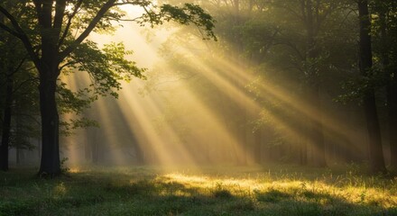 Sunlight streams through a tranquil forest, illuminating the landscape with a golden glow creating a serene and ethereal atmosphere.