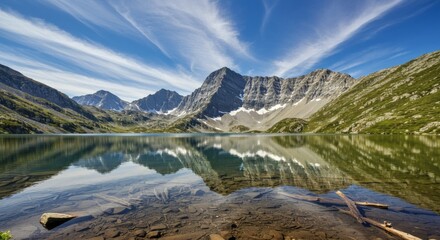 Naklejka premium Still alpine lake mirroring rugged mountain peaks under a dynamic sky, showcasing nature's beauty and serenity. Reflections abound.