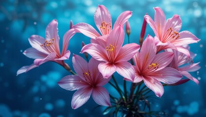 A bouquet of colorful alstroemeria flowers in a glass vase filled with blue-tinted water.