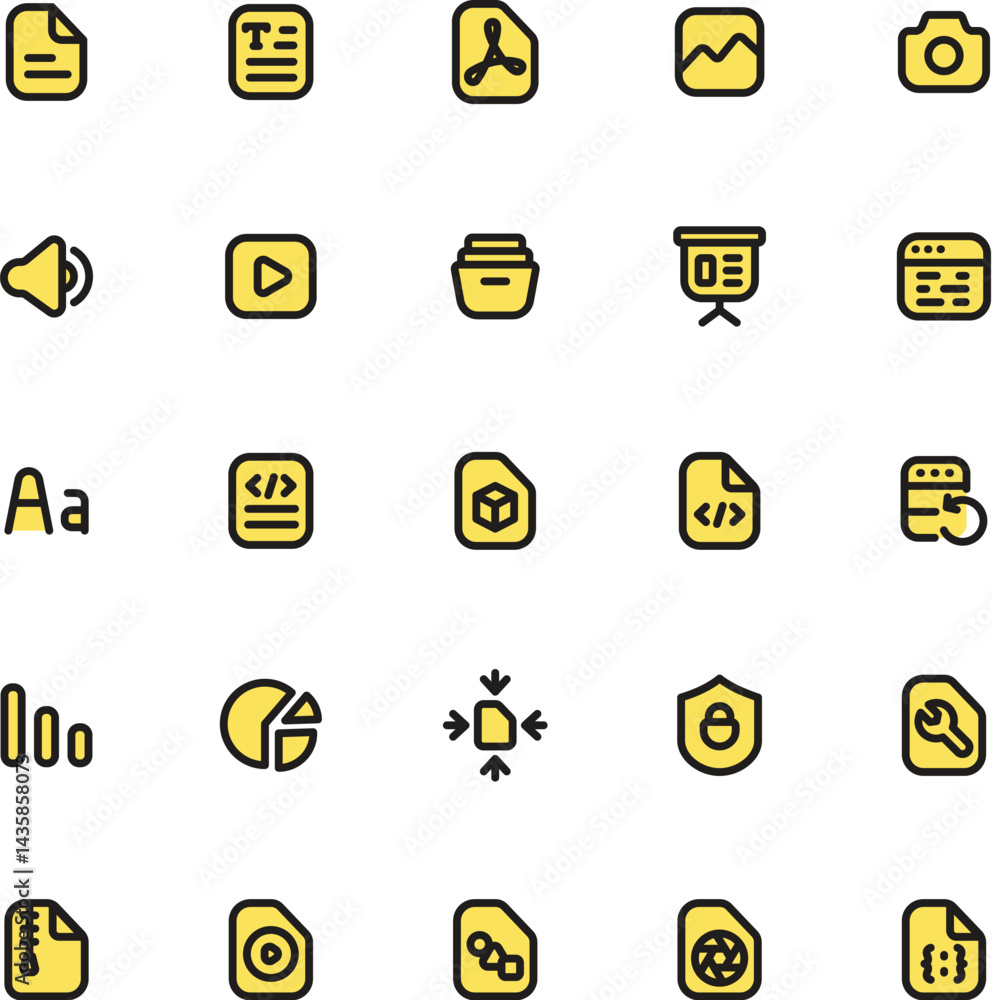 Poster the collection features 25 vibrant yellow and black icons for web design or computer applications. p