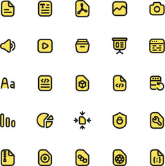 The collection features 25 vibrant yellow and black icons for web design or computer applications. Perfect for modern digital projects