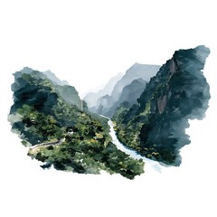 Serene Mountain River Landscape A Watercolor Painting of a Scenic Valley.