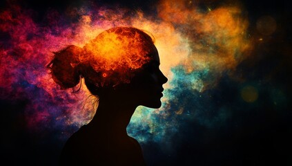Woman Silhouette with Abstract Colorful Energy Concept
