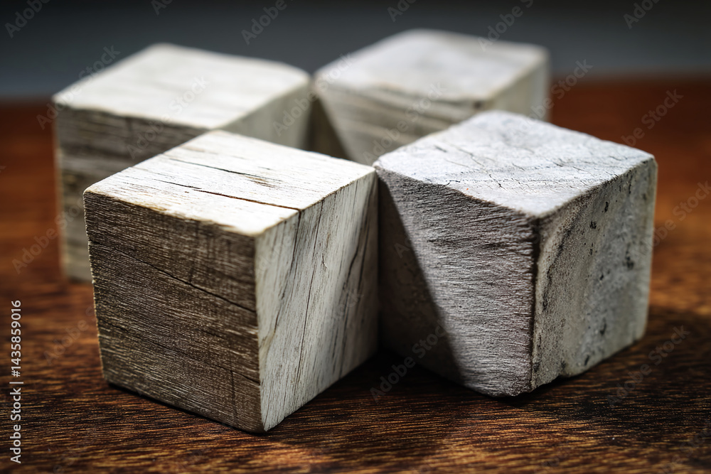 Poster close-up of four light-grey wooden cubes, arranged in an overlapping pattern on dark brown wood, sho