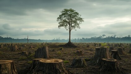 Obraz premium Lone Tree Standing Amidst Forest Destruction with Cloudy Sky