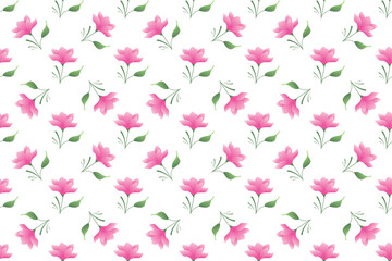 Seamless floral pattern with pink flowers and green leaves. Elegant spring or summer botanical design, vector illustration for fabric, wrapping paper, wallpaper.
