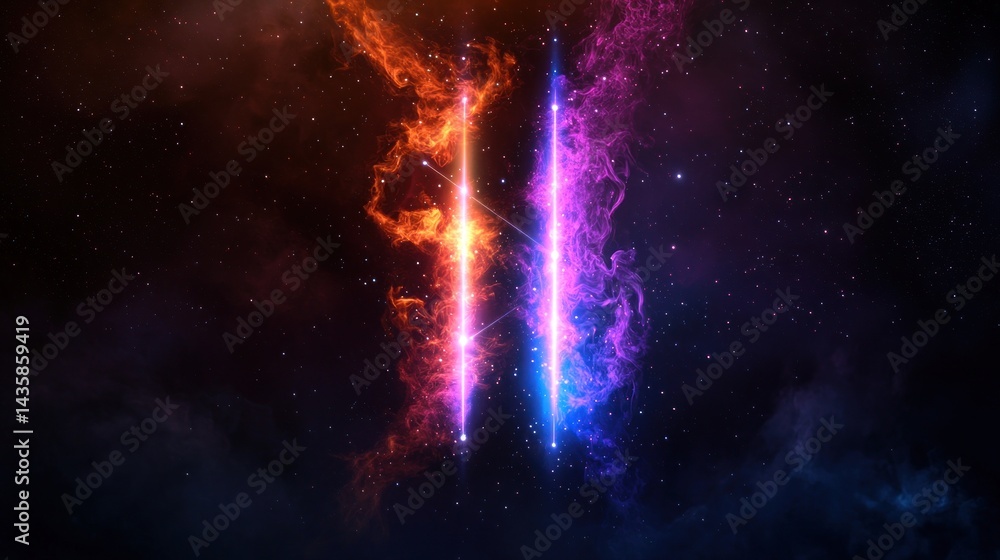 Wall mural cosmic fire, two vertical columns, nebula background, abstract design