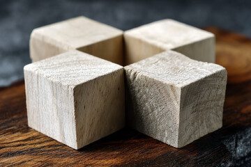 Close-up of four light beige wood cubes arranged in a cross shape on a dark brown wooden surface, creating a minimalist and geometric composition, showcasing a product display concept