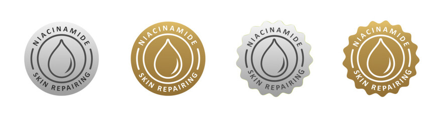 niacinamide badge, seal, sticker, stamp, certificate, logo, silver gold. beauty product skin treatment, repairing skin barrier, cosmetic, skincare, make up, serum. 
