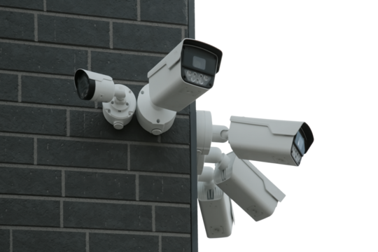 Surveillance camera installed on a repeating pattern facade, blending geometry, control and the aesthetics of urban security.
