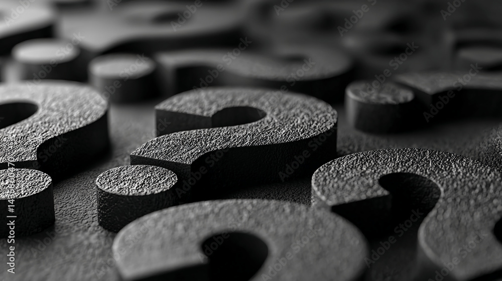 Poster Close-up of dark gray textured question marks, creating a repeating pattern symbolizing inquiry, uncertainty, or problem-solving
