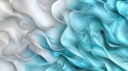 Fototapeta premium Abstract flowing white and teal fabric design, with glitter texture, background of flowing fabric