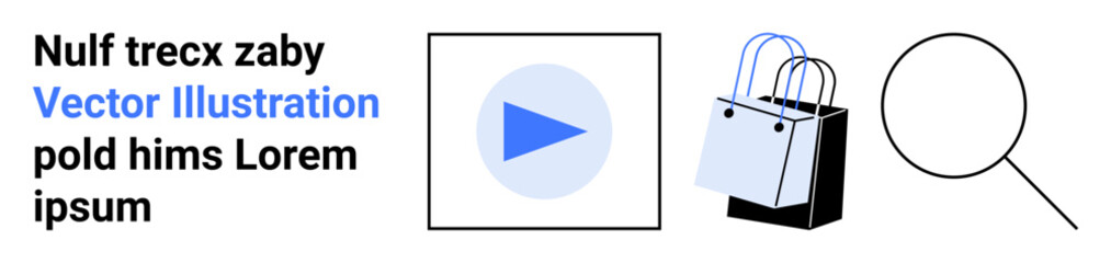 Play button for media, shopping bags for e-commerce, magnifying glass for search. Ideal for online store, retail marketing, media content, search tools, consumer behavior, e-learning flat landing