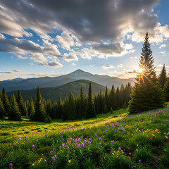 Stunning Mountain Sunset: Wildflower Meadow Landscape Photography