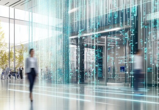 Modern office interior with digital display wall
