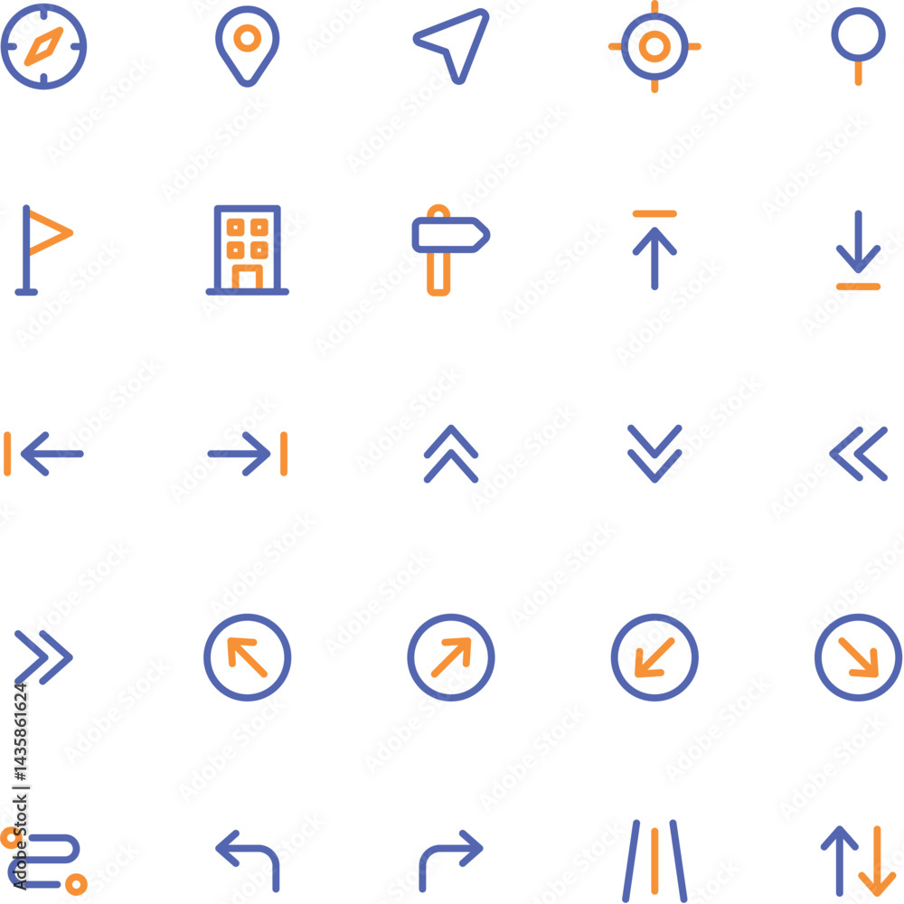Aufkleber contains 25 navigation icons in blue and orange. suitable for web and app design, ui/ux projects, an