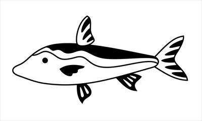 Black and white fish clipart, cartoon sea character. Fish doodle. Ocean animal hand drawn vector illustration in flat style	
