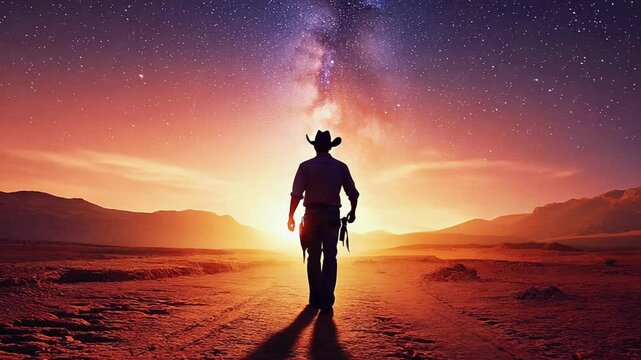 A abstract cowboy walks down a dry, cracked desert road toward a mirage of a figure waiting distance. low-angle shot emphasizes his determined stride surreal, unattainable nature of the mirage