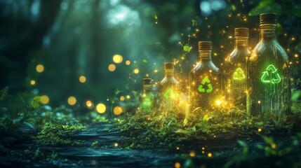 Fototapeta premium Glowing Glass Bottles with Recycling Symbols in a Dark Forest