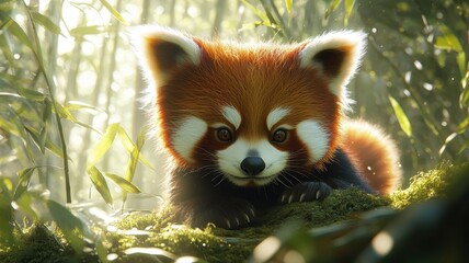 Obraz premium Cute Red Panda in Forest Surrounded by Bamboo and Soft Light