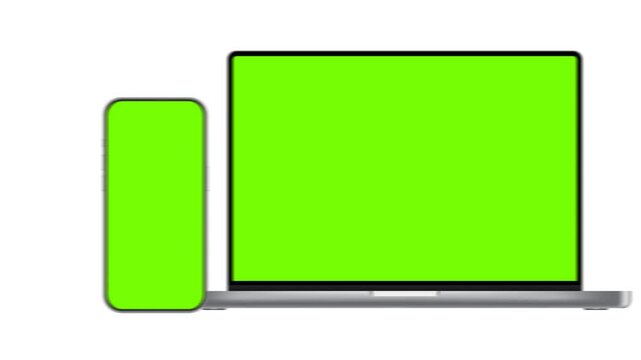 Animated Devices Set With Green Screens. Smartphone With Opening Laptop Mockup, Tablet and PC With Cellphone. Animation For Web Presentations