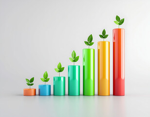 Colorful bar chart representing growth, featuring vibrant columns in blue, green, yellow, orange, and red, each topped with green leaves symbolizing sustainability and environmental progress