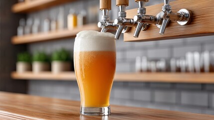 A tap handle in focus dispensing cold beer into glass with out of focus bar scene behind and open right side for text