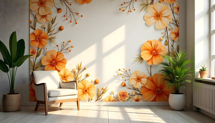 Warm Orange Floral 3D Wallpaper, Cozy Reading Nook Decor, Botanical Wall Mural

