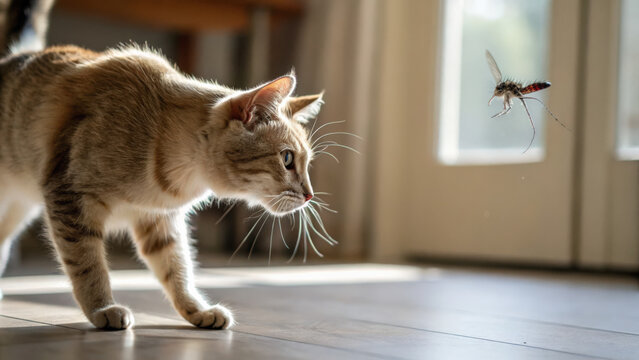 Cat hunting mosquito indoors in sunlight. Curious cat chasing mosquito at home. Funny cat and insect interaction in bright room.